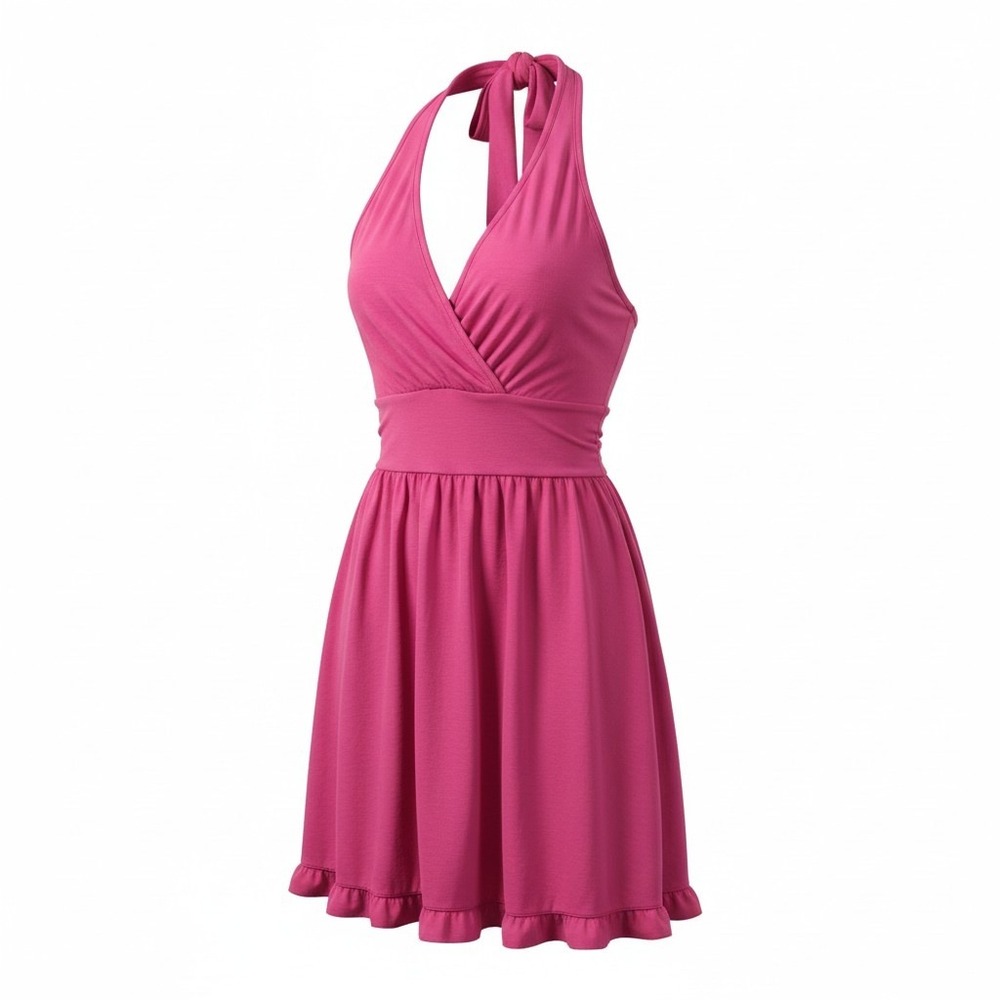 Unbranded‎ Halter Mini Dress One Size Pink Womens Bubble Hem Ruffle V-Neck